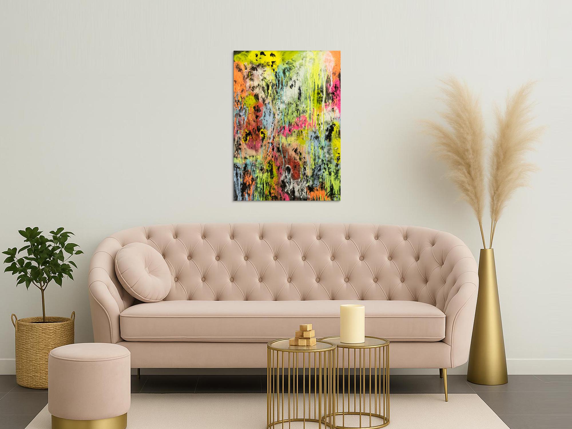 Original Gemälde abstrakt 100x72cm Mischtechnik Modern Art Mischtechnik bunt NEON gelb pink schwarz Unikat