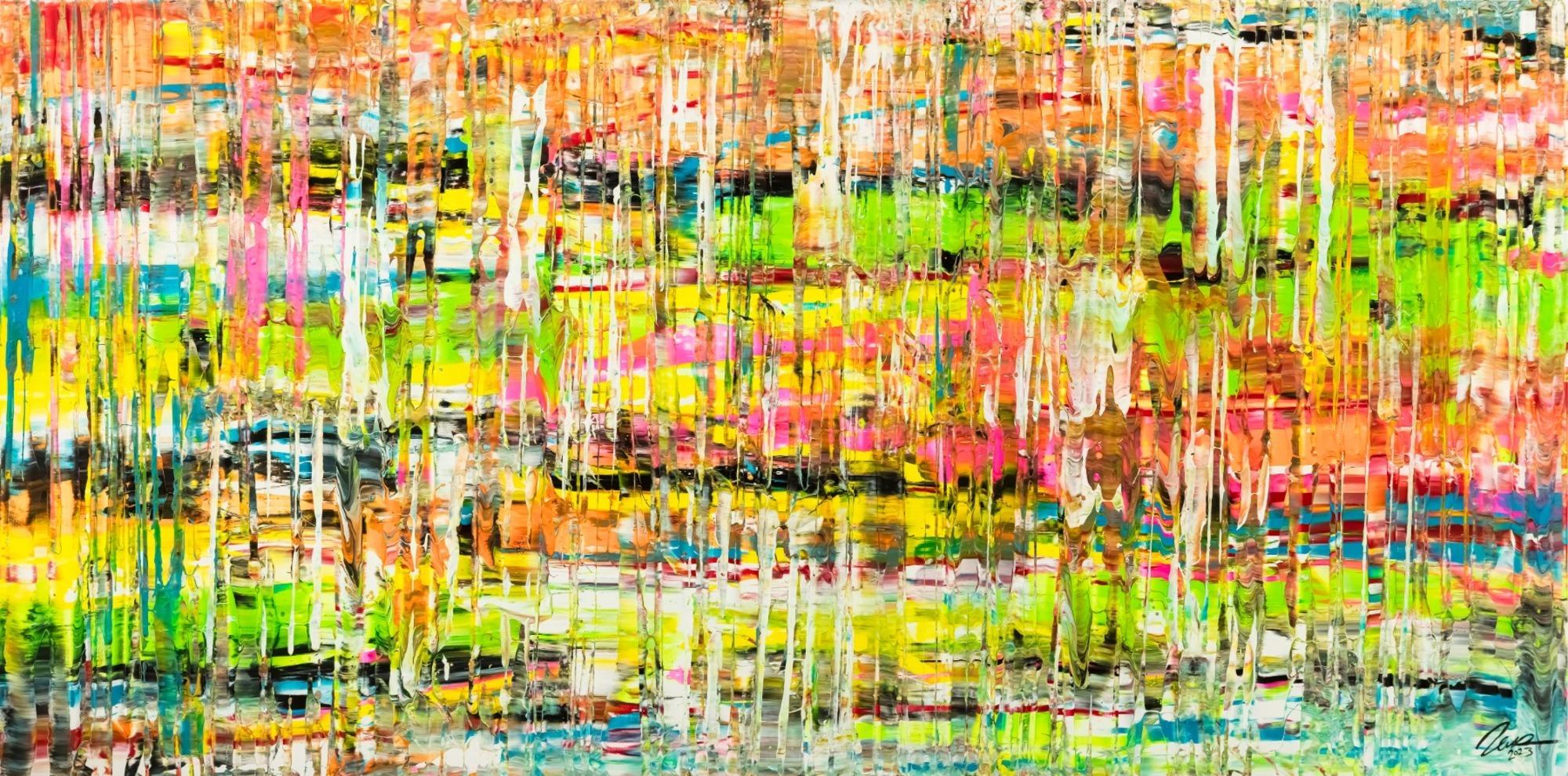 Gemälde Original abstrakt 100x200cm Spachteltechnik handgemalt Mischtechnik bunt gelb orange NEON