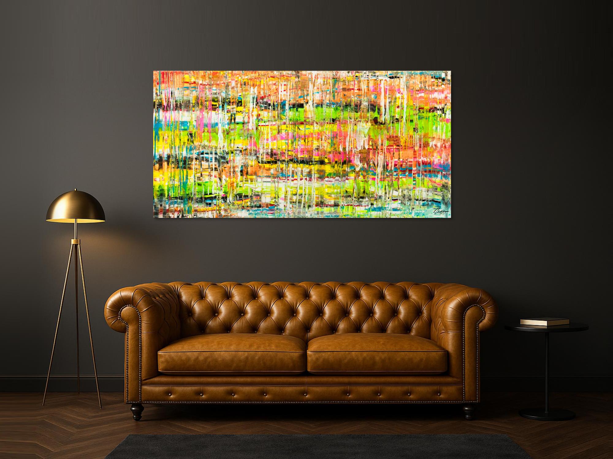 Gemälde Original abstrakt 100x200cm Spachteltechnik handgemalt Mischtechnik bunt gelb orange NEON