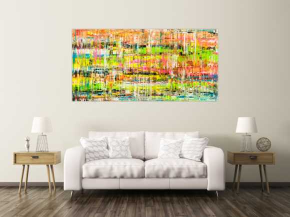 Gemälde Original abstrakt 100x200cm Spachteltechnik handgemalt Mischtechnik bunt gelb orange NEON