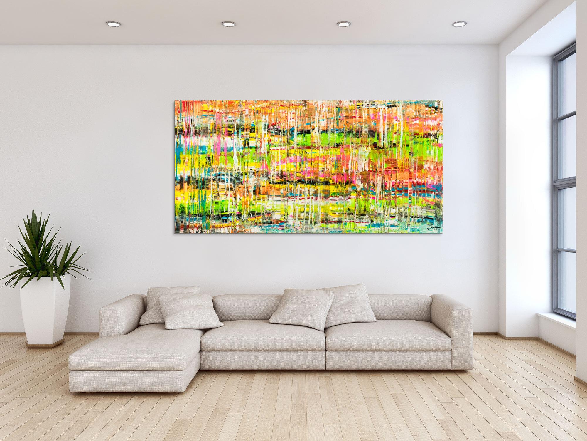 Gemälde Original abstrakt 100x200cm Spachteltechnik handgemalt Mischtechnik bunt gelb orange NEON