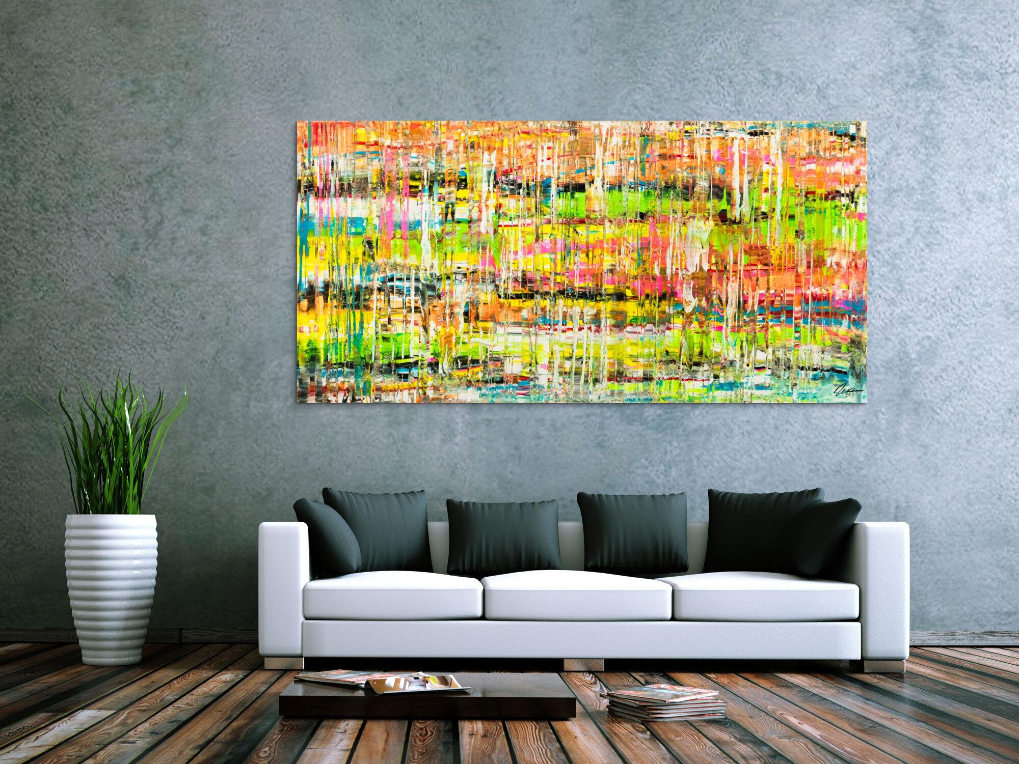 Gemälde Original abstrakt 100x200cm Spachteltechnik handgemalt Mischtechnik bunt gelb orange NEON