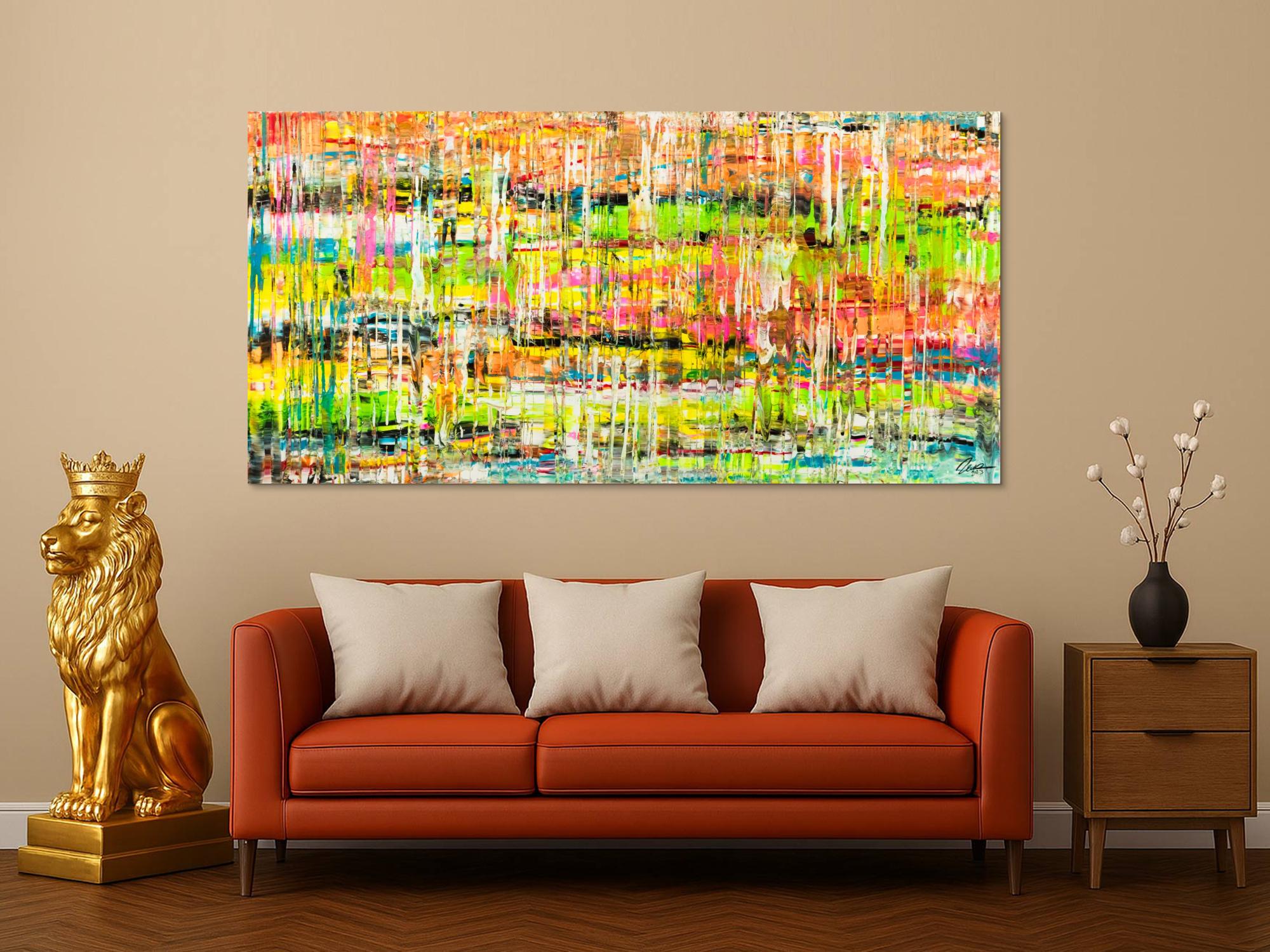 Gemälde Original abstrakt 100x200cm Spachteltechnik handgemalt Mischtechnik bunt gelb orange NEON