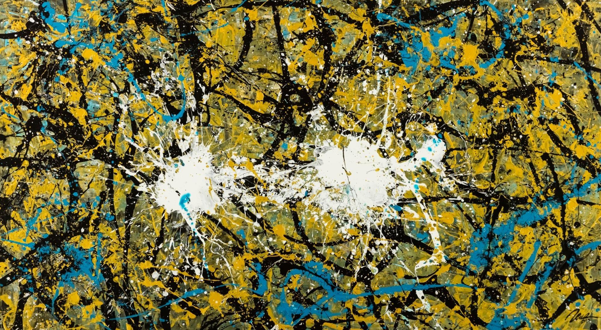 Abstraktes Original Gemälde 100x180cm Action Painting expressionistisch handgefertigt Mischtechnik schwarz gold türkis Unikat