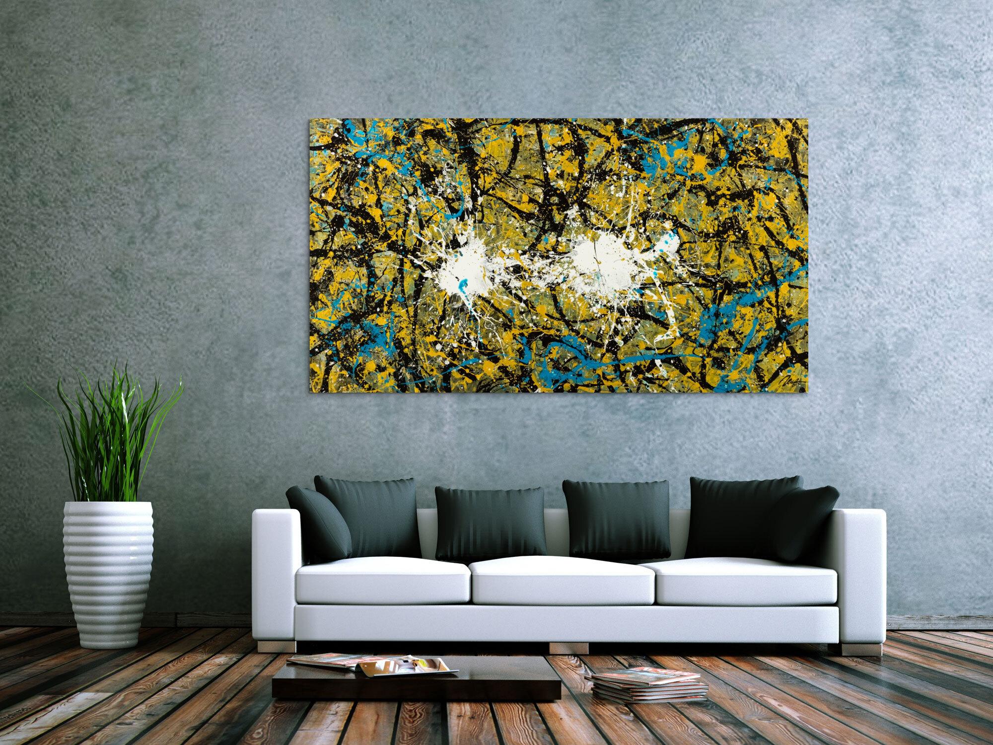 Abstraktes Original Gemälde 100x180cm Action Painting expressionistisch handgefertigt Mischtechnik schwarz gold türkis Unikat