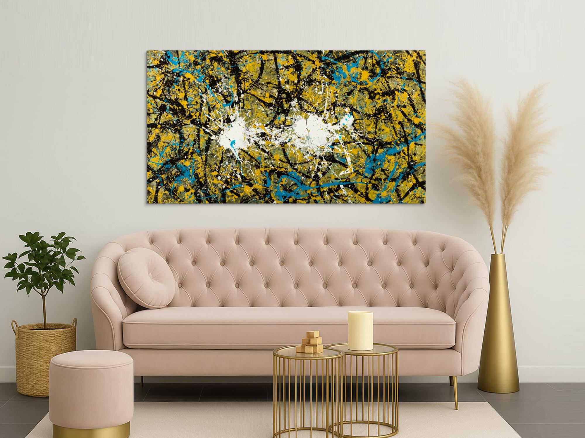 Abstraktes Original Gemälde 100x180cm Action Painting expressionistisch handgefertigt Mischtechnik schwarz gold türkis Unikat