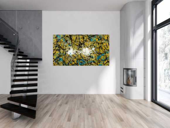 Abstraktes Original Gemälde 100x180cm Action Painting expressionistisch handgefertigt Mischtechnik schwarz gold türkis Unikat