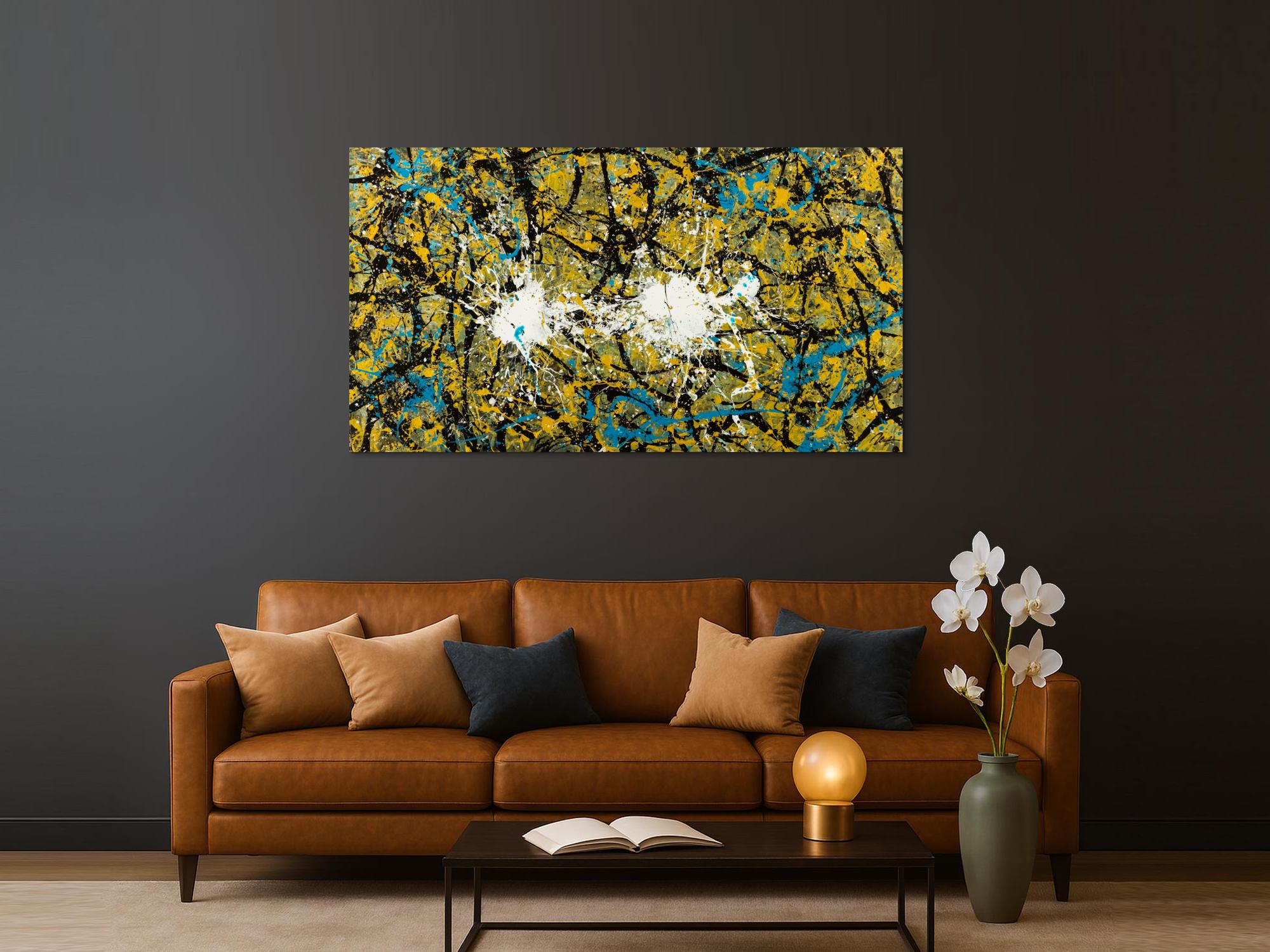 Abstraktes Original Gemälde 100x180cm Action Painting expressionistisch handgefertigt Mischtechnik schwarz gold türkis Unikat