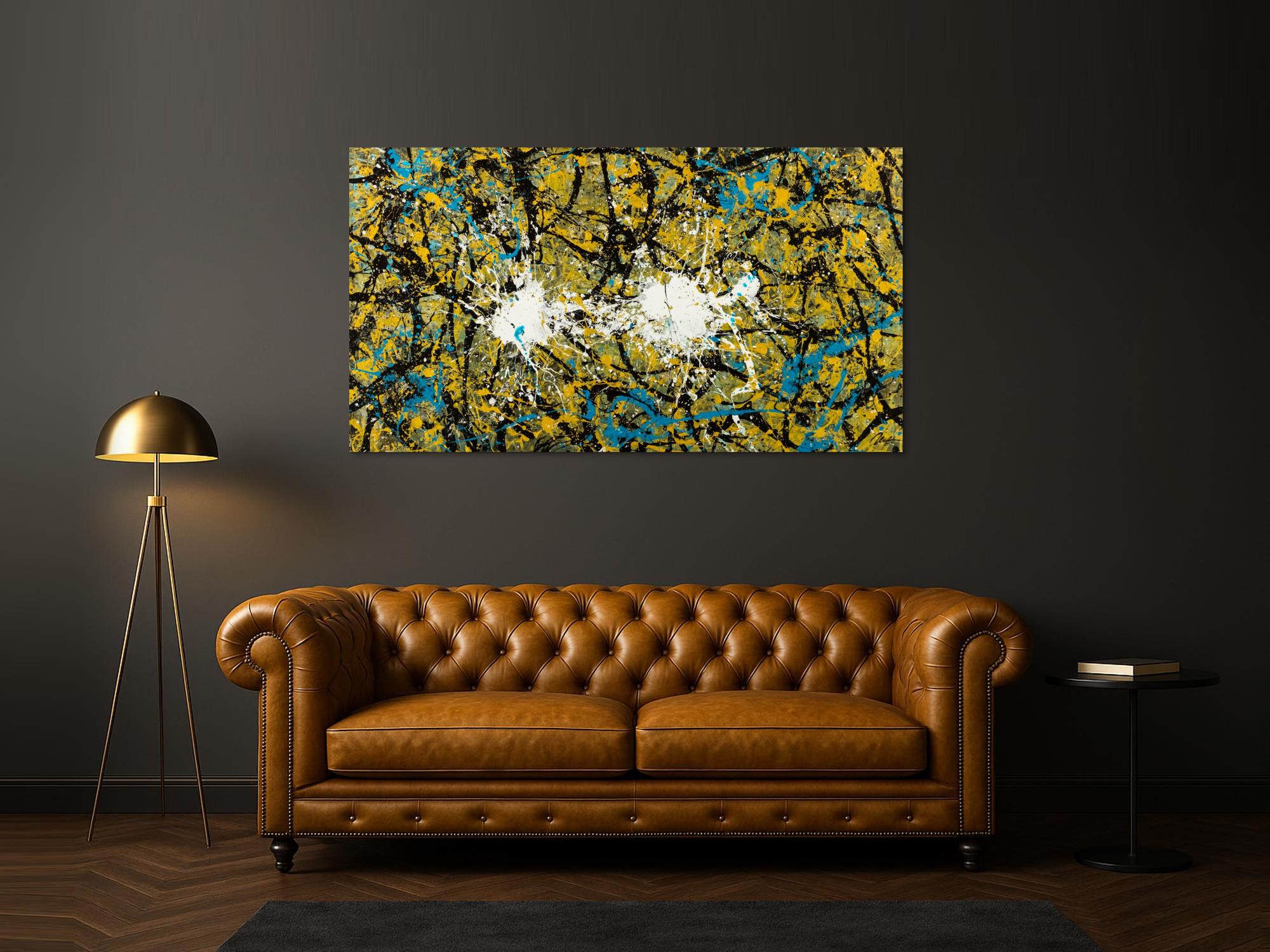 Abstraktes Original Gemälde 100x180cm Action Painting expressionistisch handgefertigt Mischtechnik schwarz gold türkis Unikat