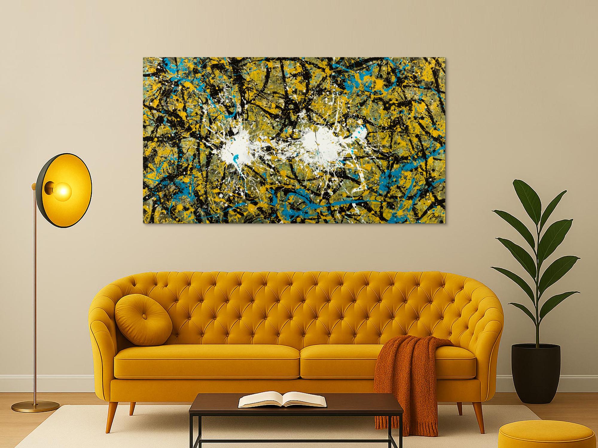 Abstraktes Original Gemälde 100x180cm Action Painting expressionistisch handgefertigt Mischtechnik schwarz gold türkis Unikat