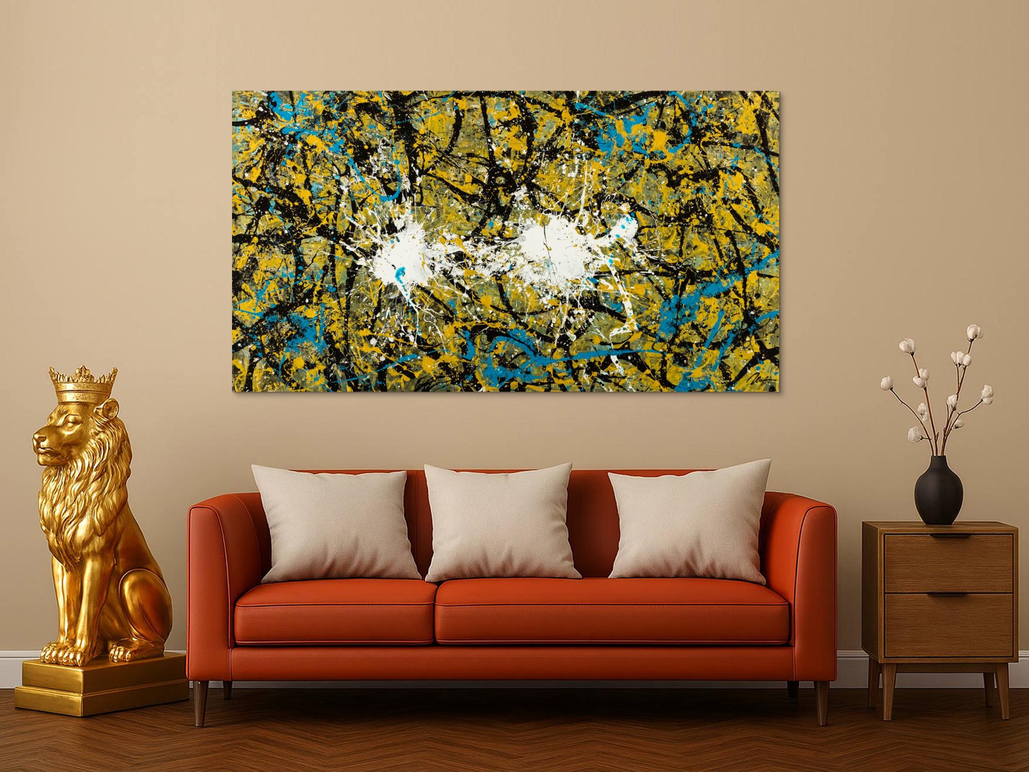 Abstraktes Original Gemälde 100x180cm Action Painting expressionistisch handgefertigt Mischtechnik schwarz gold türkis Unikat