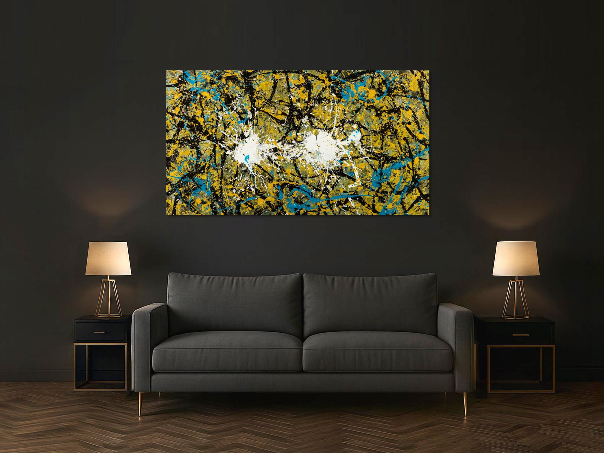 Abstraktes Original Gemälde 100x180cm Action Painting expressionistisch handgefertigt Mischtechnik schwarz gold türkis Unikat