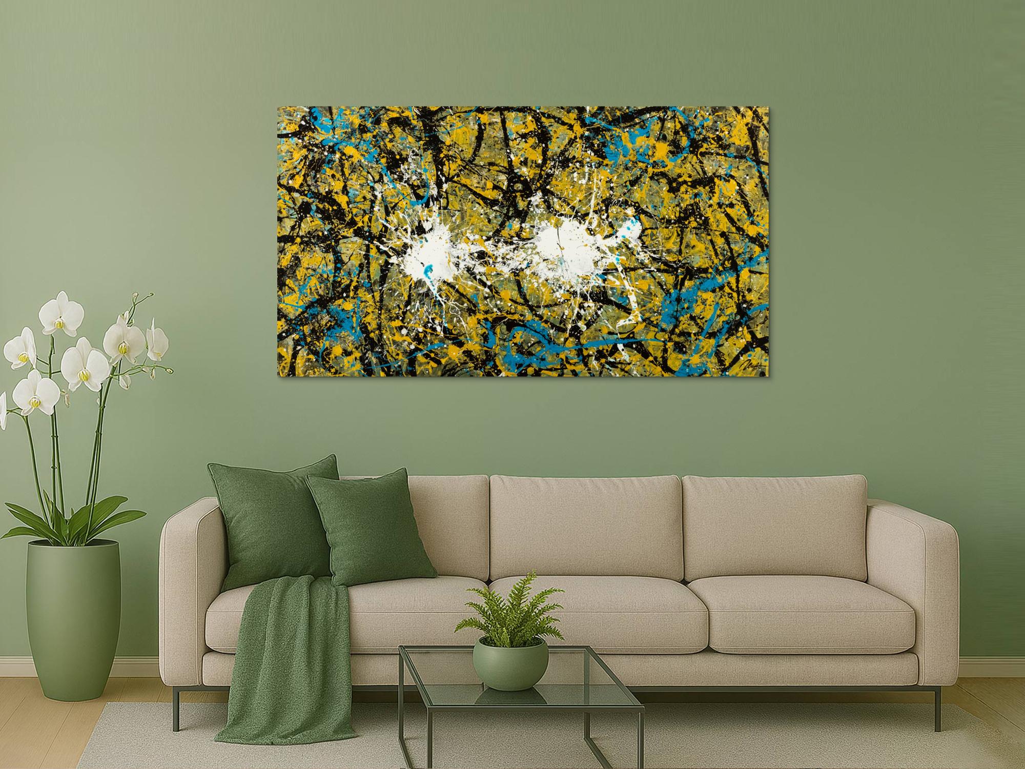 Abstraktes Original Gemälde 100x180cm Action Painting expressionistisch handgefertigt Mischtechnik schwarz gold türkis Unikat