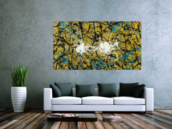 Abstraktes Original Gemälde 100x180cm Action Painting expressionistisch handgefertigt Mischtechnik schwarz gold türkis Unikat