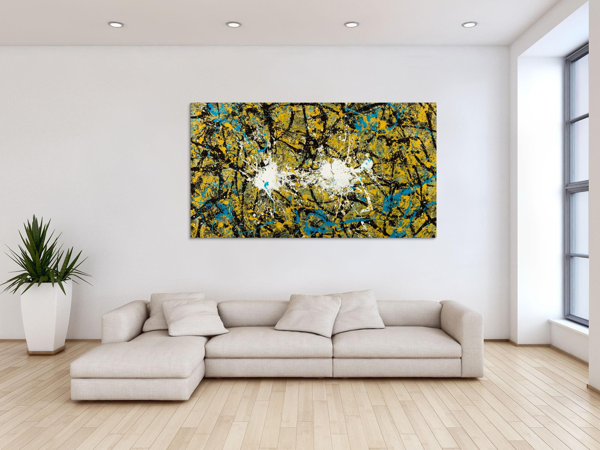 Abstraktes Original Gemälde 100x180cm Action Painting expressionistisch handgefertigt Mischtechnik schwarz gold türkis Unikat