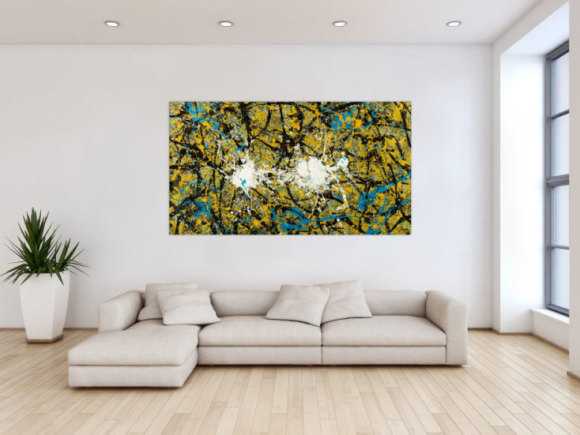 Abstraktes Original Gemälde 100x180cm Action Painting expressionistisch handgefertigt Mischtechnik schwarz gold türkis Unikat