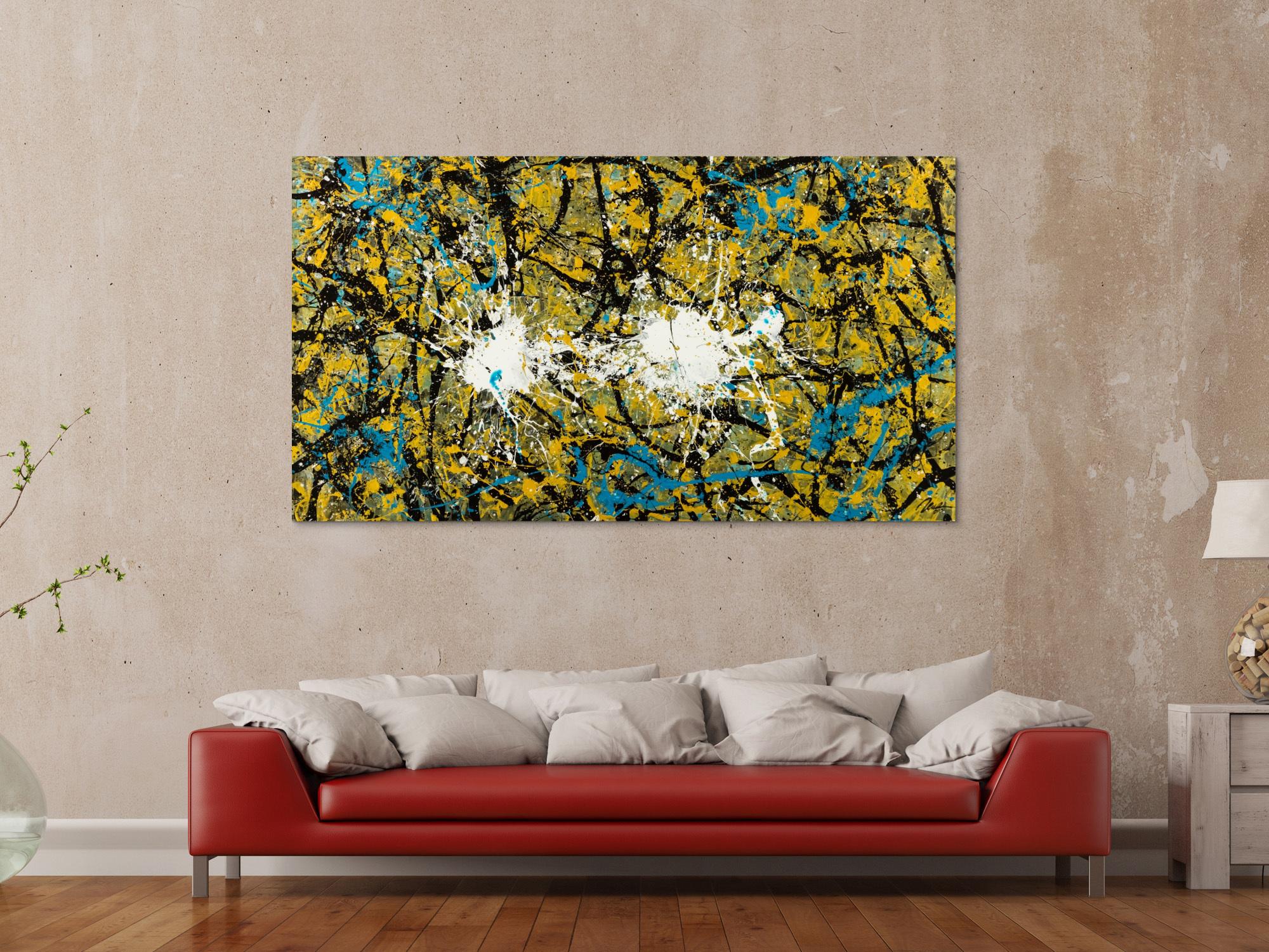 Abstraktes Original Gemälde 100x180cm Action Painting expressionistisch handgefertigt Mischtechnik schwarz gold türkis Unikat