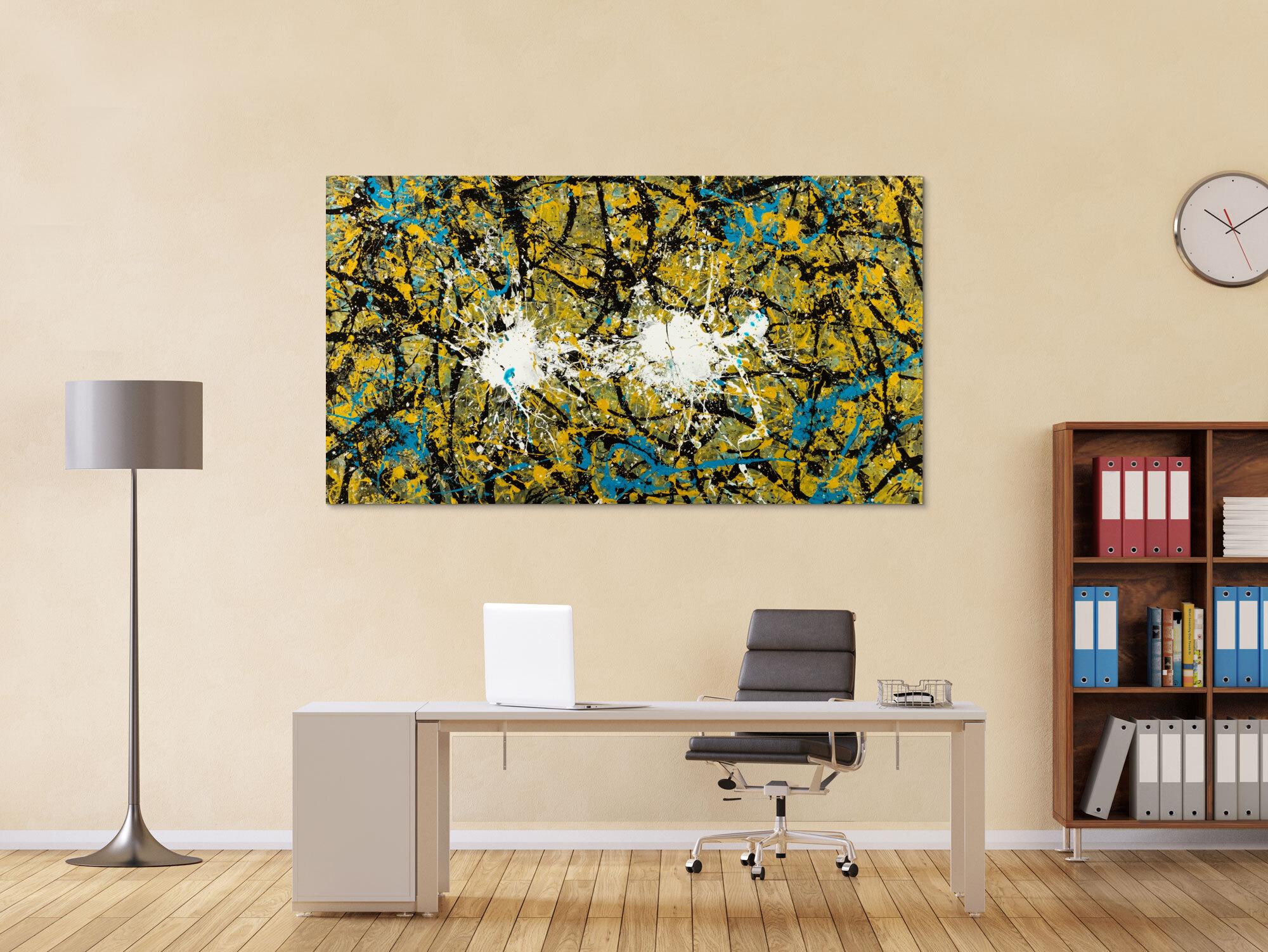 Abstraktes Original Gemälde 100x180cm Action Painting expressionistisch handgefertigt Mischtechnik schwarz gold türkis Unikat