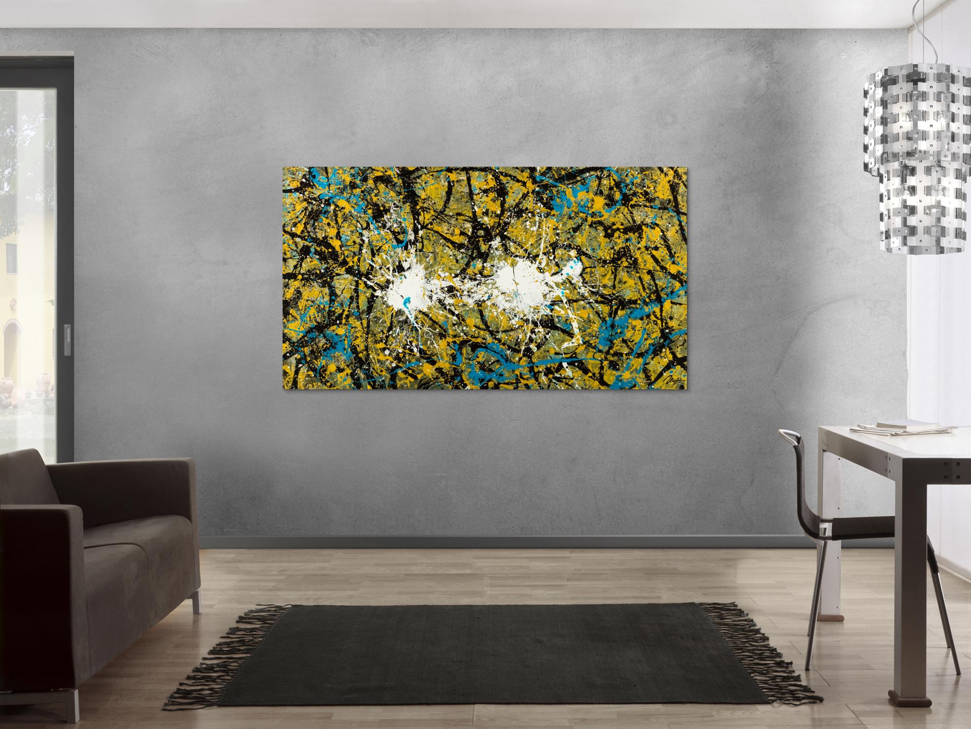 Abstraktes Original Gemälde 100x180cm Action Painting expressionistisch handgefertigt Mischtechnik schwarz gold türkis Unikat