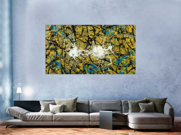 Abstraktes Original Gemälde 100x180cm Action Painting expressionistisch handgefertigt Mischtechnik schwarz gold türkis Unikat