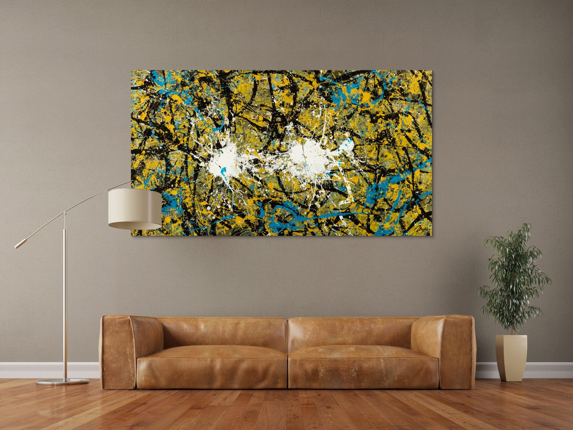 Abstraktes Original Gemälde 100x180cm Action Painting expressionistisch handgefertigt Mischtechnik schwarz gold türkis Unikat