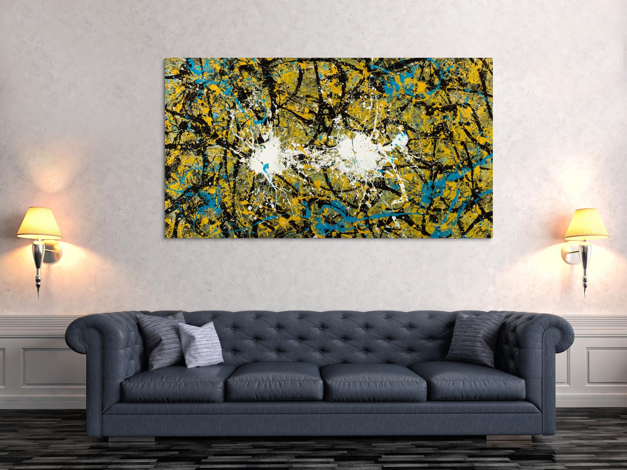Abstraktes Original Gemälde 100x180cm Action Painting expressionistisch handgefertigt Mischtechnik schwarz gold türkis Unikat