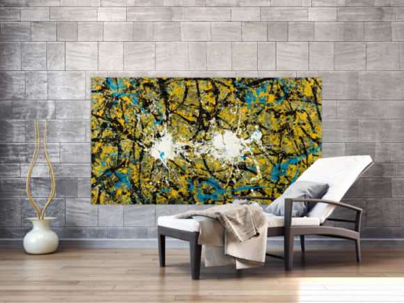 Abstraktes Original Gemälde 100x180cm Action Painting expressionistisch handgefertigt Mischtechnik schwarz gold türkis Unikat