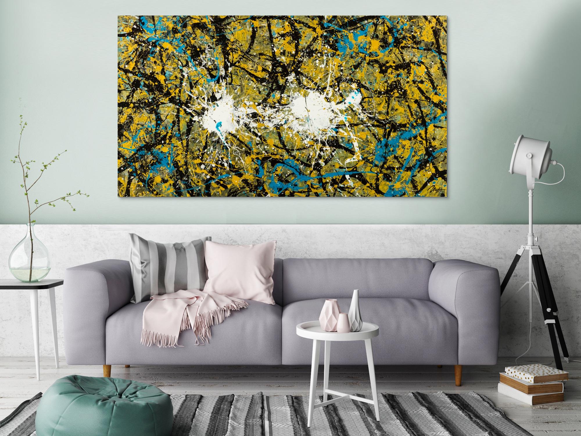 Abstraktes Original Gemälde 100x180cm Action Painting expressionistisch handgefertigt Mischtechnik schwarz gold türkis Unikat