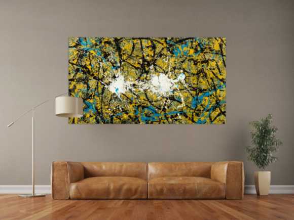 Abstraktes Original Gemälde 100x180cm Action Painting expressionistisch handgefertigt Mischtechnik schwarz gold türkis Unikat