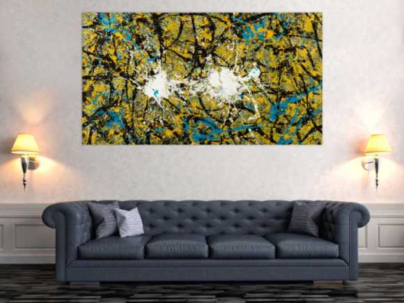 Abstraktes Original Gemälde 100x180cm Action Painting expressionistisch handgefertigt Mischtechnik schwarz gold türkis Unikat