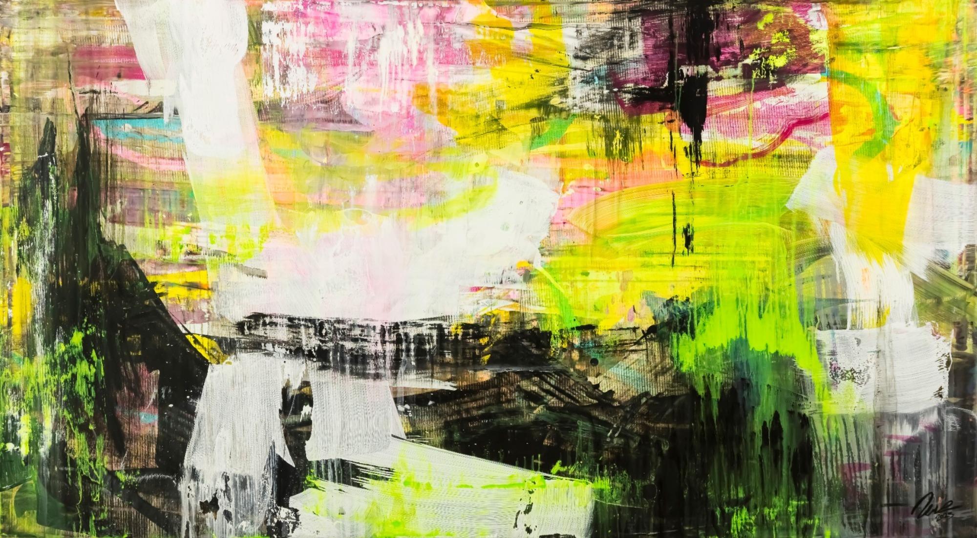 Original Gemälde abstrakt 100x180cm Mischtechnik Modern Art handgefertigt Mischtechnik schwarz gelb weiß NEON