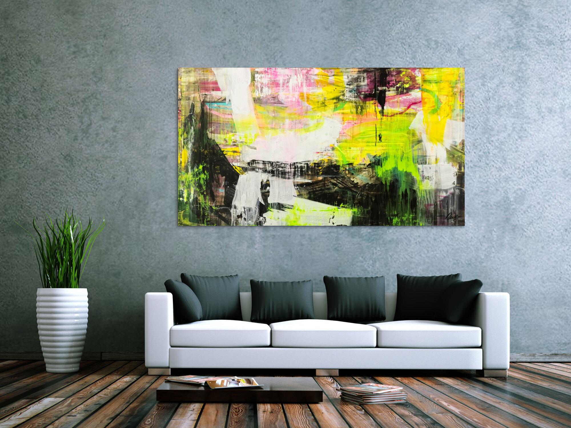 Original Gemälde abstrakt 100x180cm Mischtechnik Modern Art handgefertigt Mischtechnik schwarz gelb weiß NEON