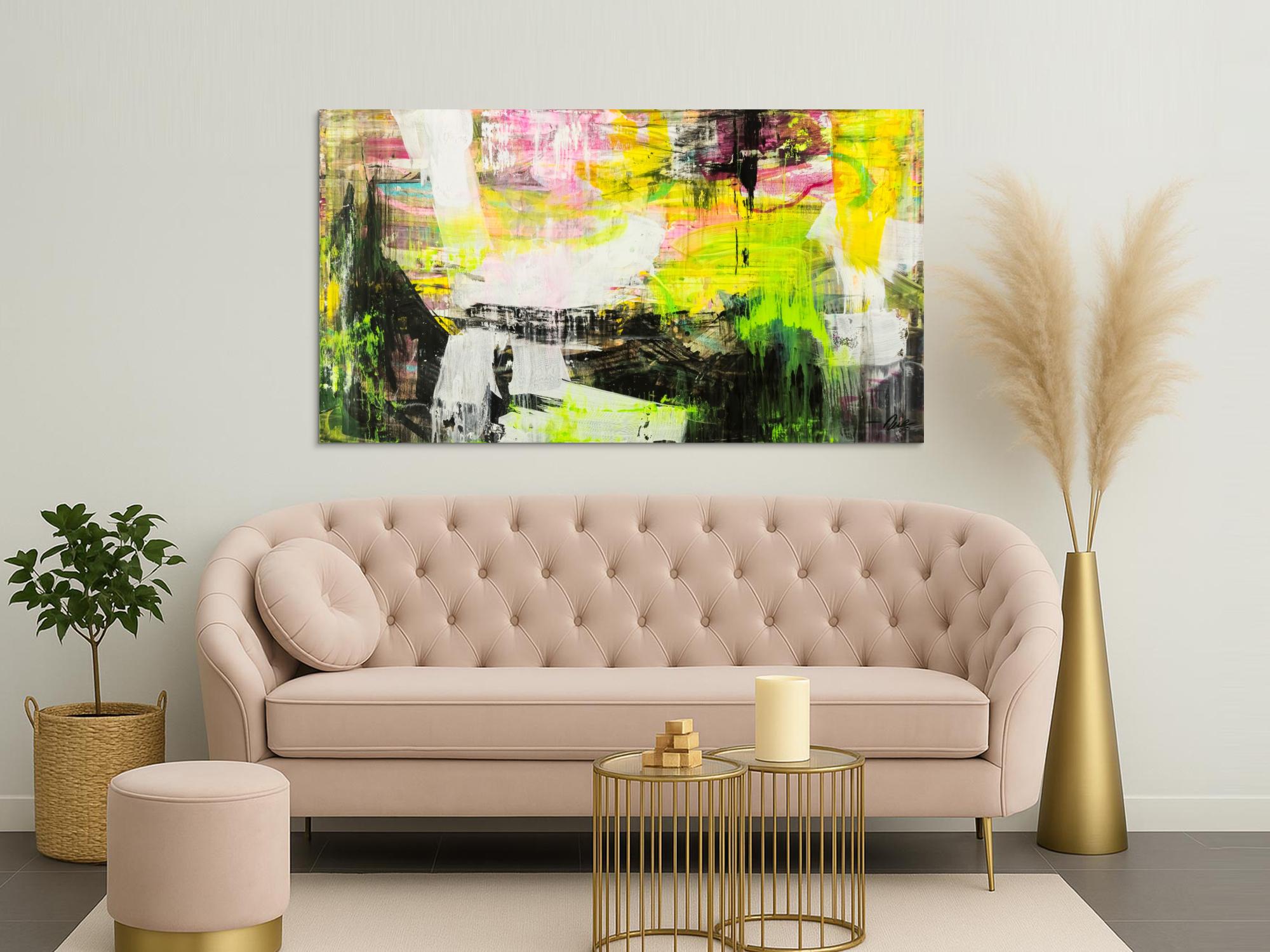 Original Gemälde abstrakt 100x180cm Mischtechnik Modern Art handgefertigt Mischtechnik schwarz gelb weiß NEON