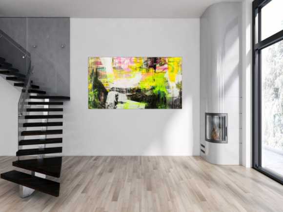 Original Gemälde abstrakt 100x180cm Mischtechnik Modern Art handgefertigt Mischtechnik schwarz gelb weiß NEON