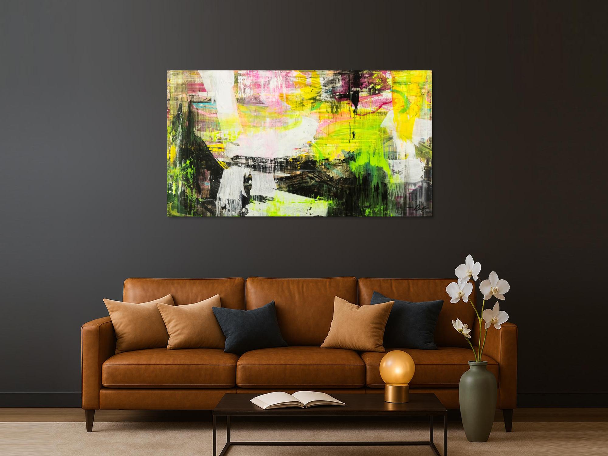 Original Gemälde abstrakt 100x180cm Mischtechnik Modern Art handgefertigt Mischtechnik schwarz gelb weiß NEON