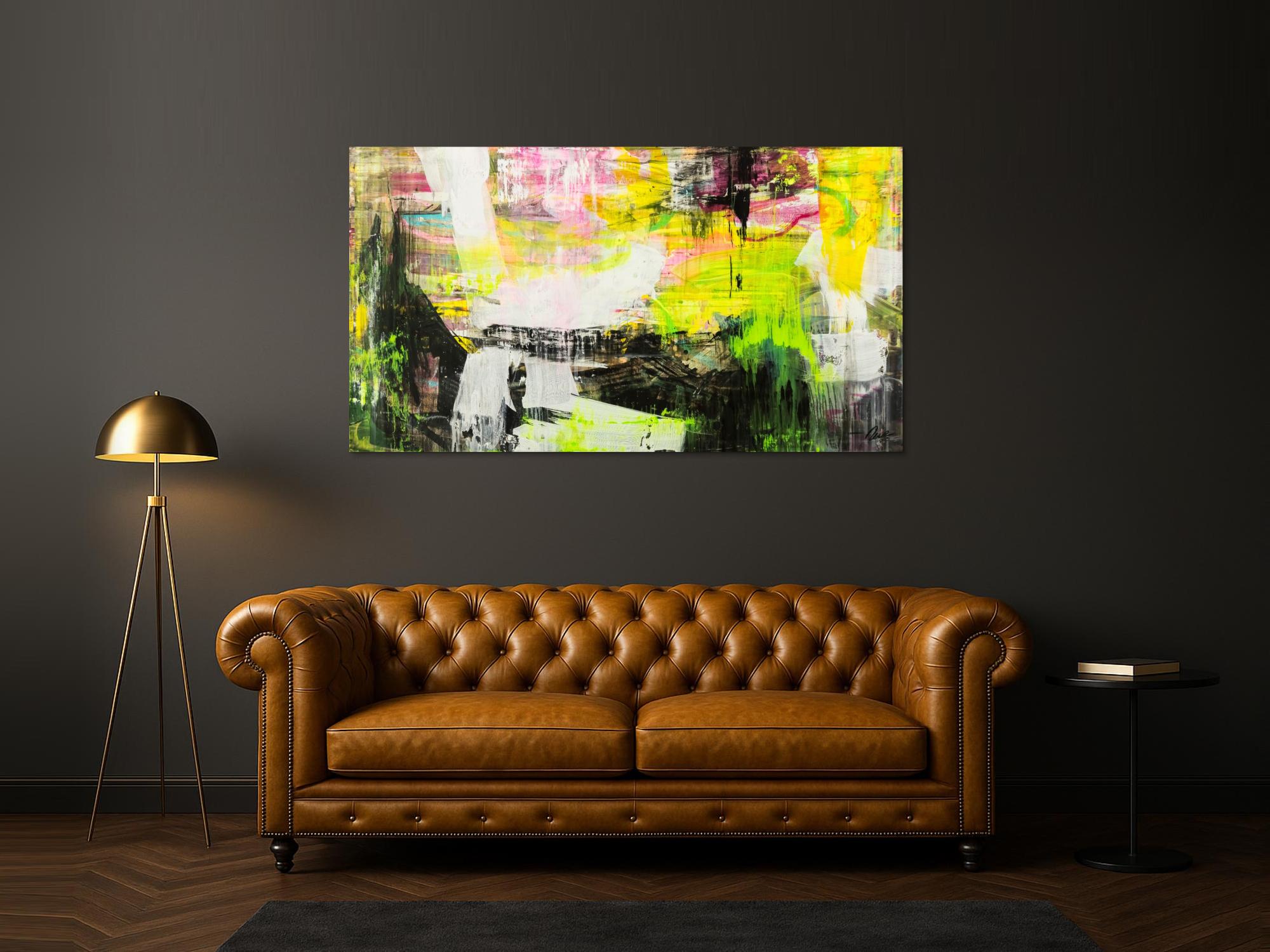 Original Gemälde abstrakt 100x180cm Mischtechnik Modern Art handgefertigt Mischtechnik schwarz gelb weiß NEON