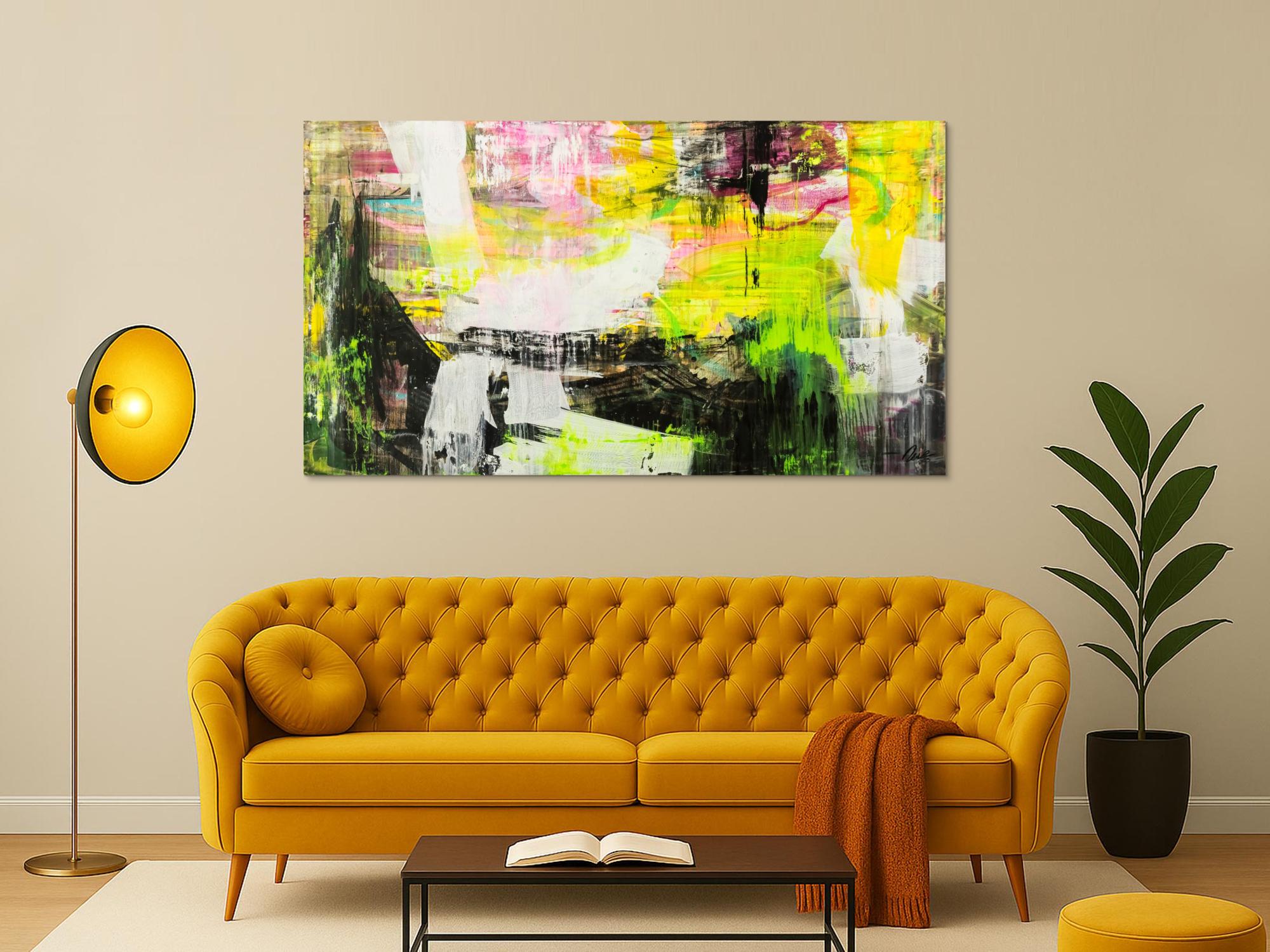 Original Gemälde abstrakt 100x180cm Mischtechnik Modern Art handgefertigt Mischtechnik schwarz gelb weiß NEON