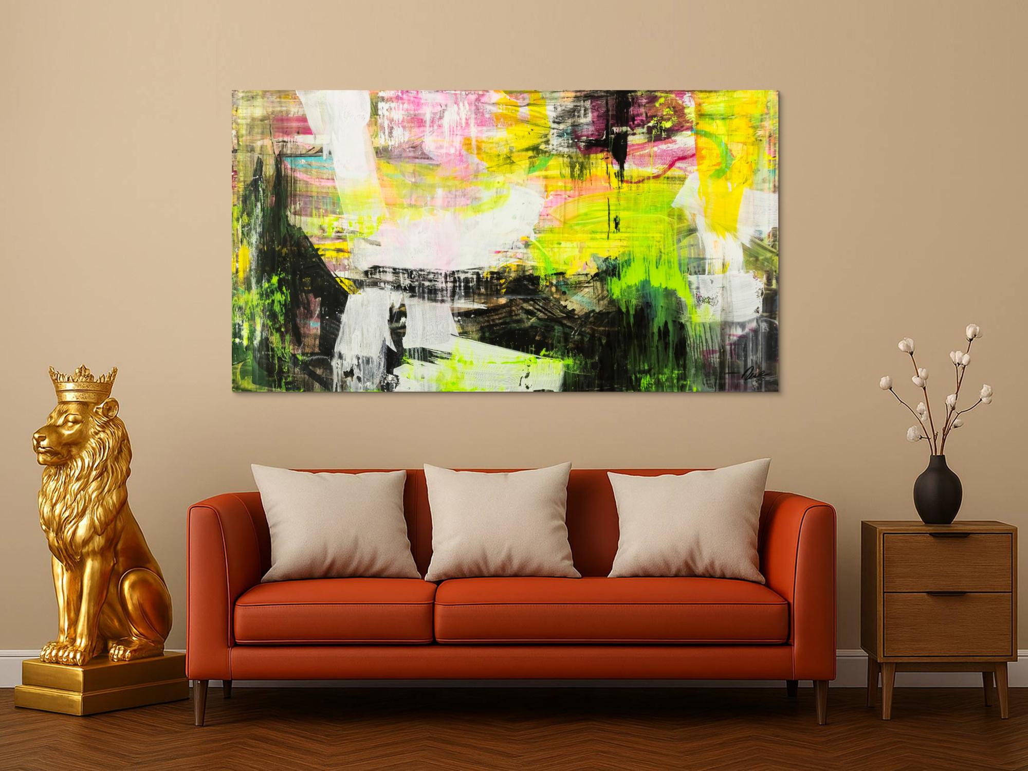 Original Gemälde abstrakt 100x180cm Mischtechnik Modern Art handgefertigt Mischtechnik schwarz gelb weiß NEON