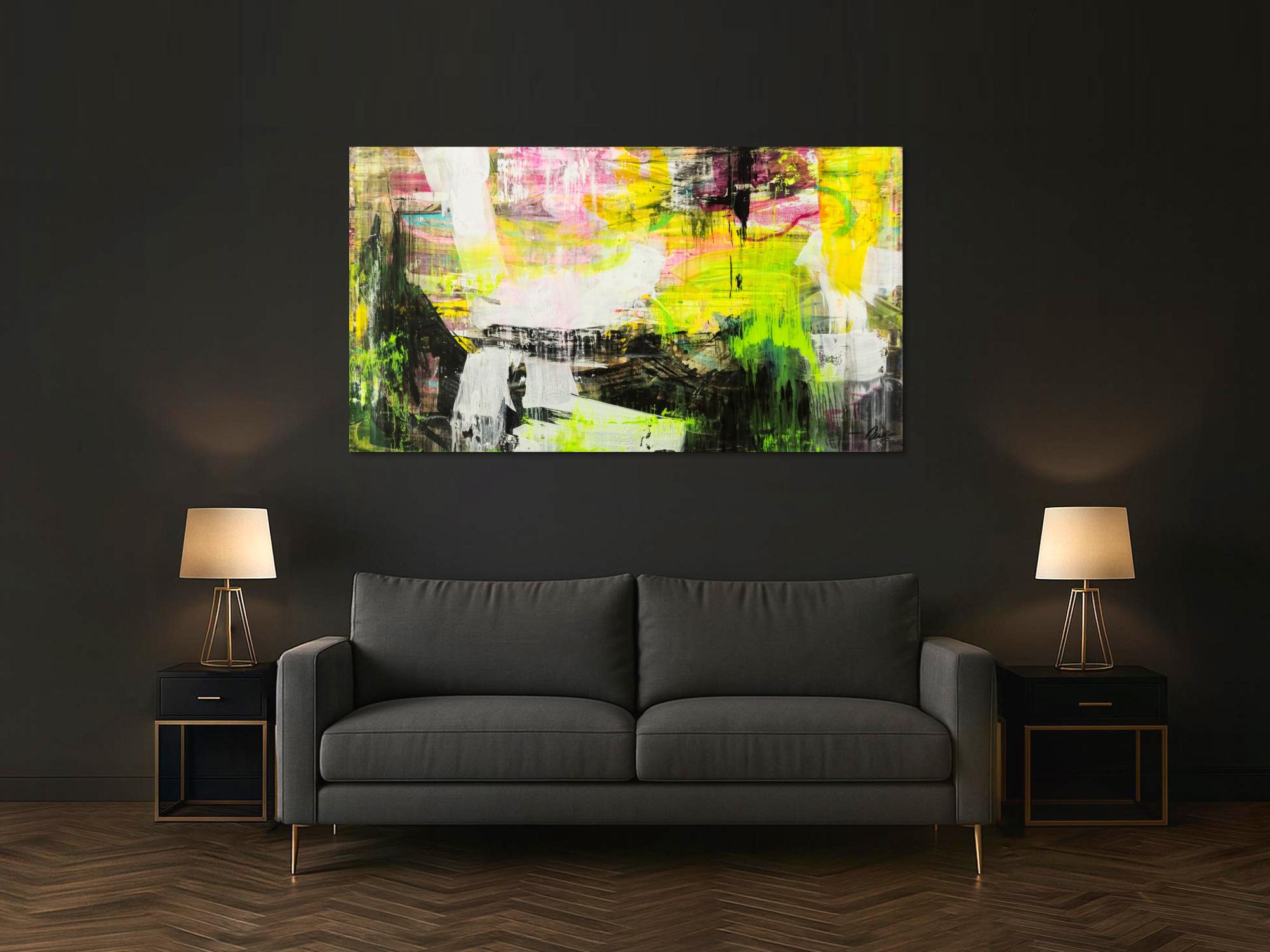 Original Gemälde abstrakt 100x180cm Mischtechnik Modern Art handgefertigt Mischtechnik schwarz gelb weiß NEON