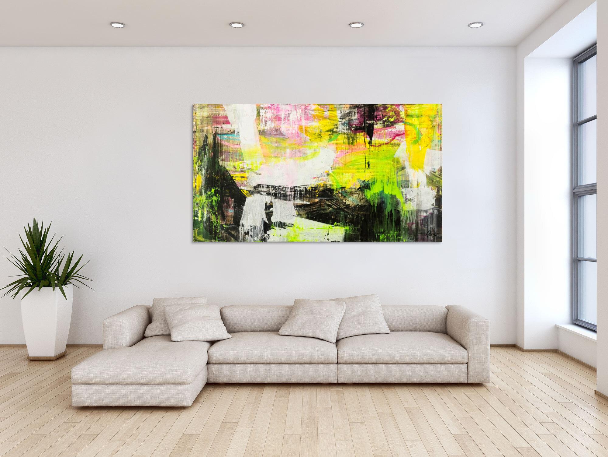 Original Gemälde abstrakt 100x180cm Mischtechnik Modern Art handgefertigt Mischtechnik schwarz gelb weiß NEON