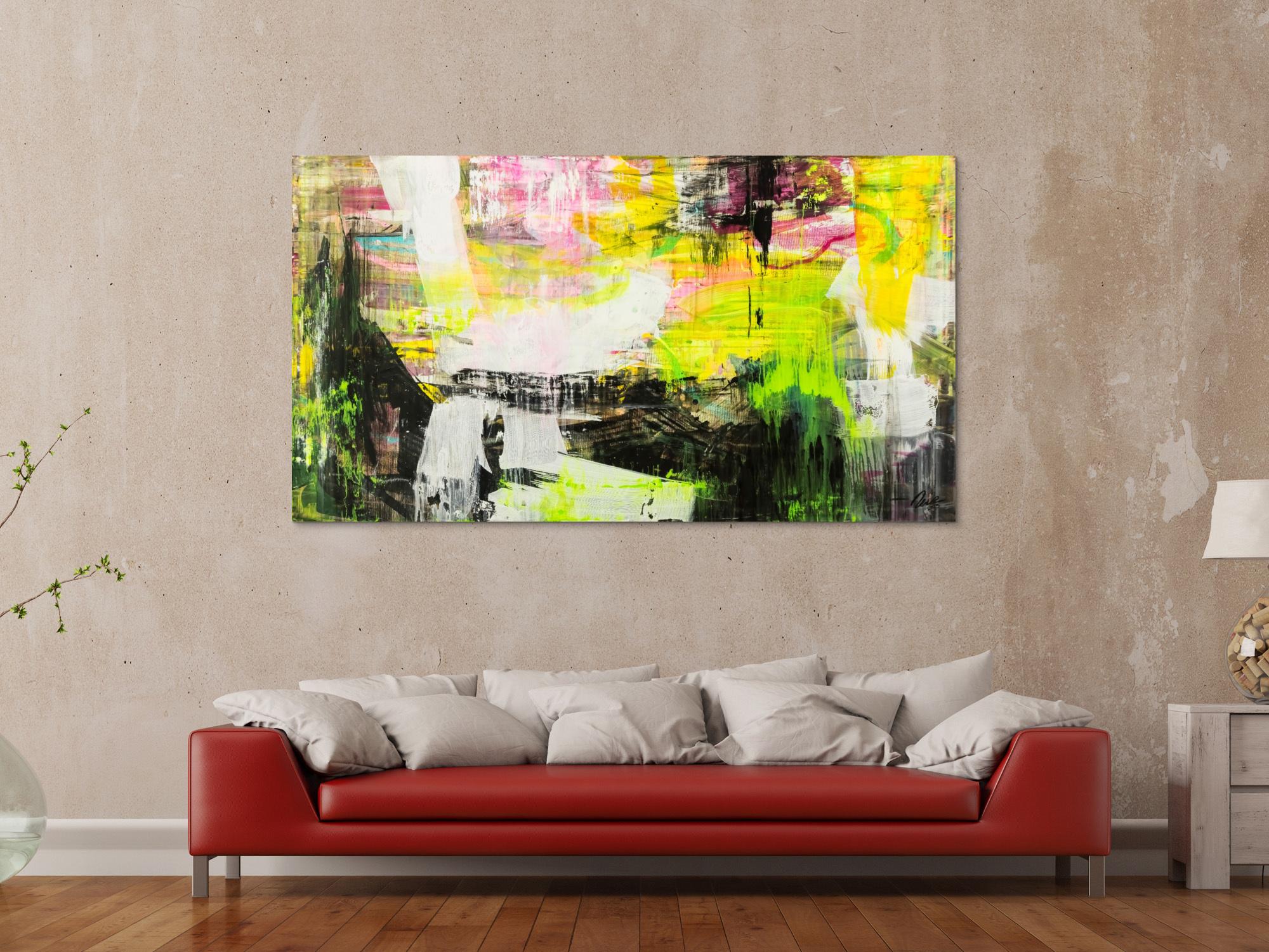 Original Gemälde abstrakt 100x180cm Mischtechnik Modern Art handgefertigt Mischtechnik schwarz gelb weiß NEON