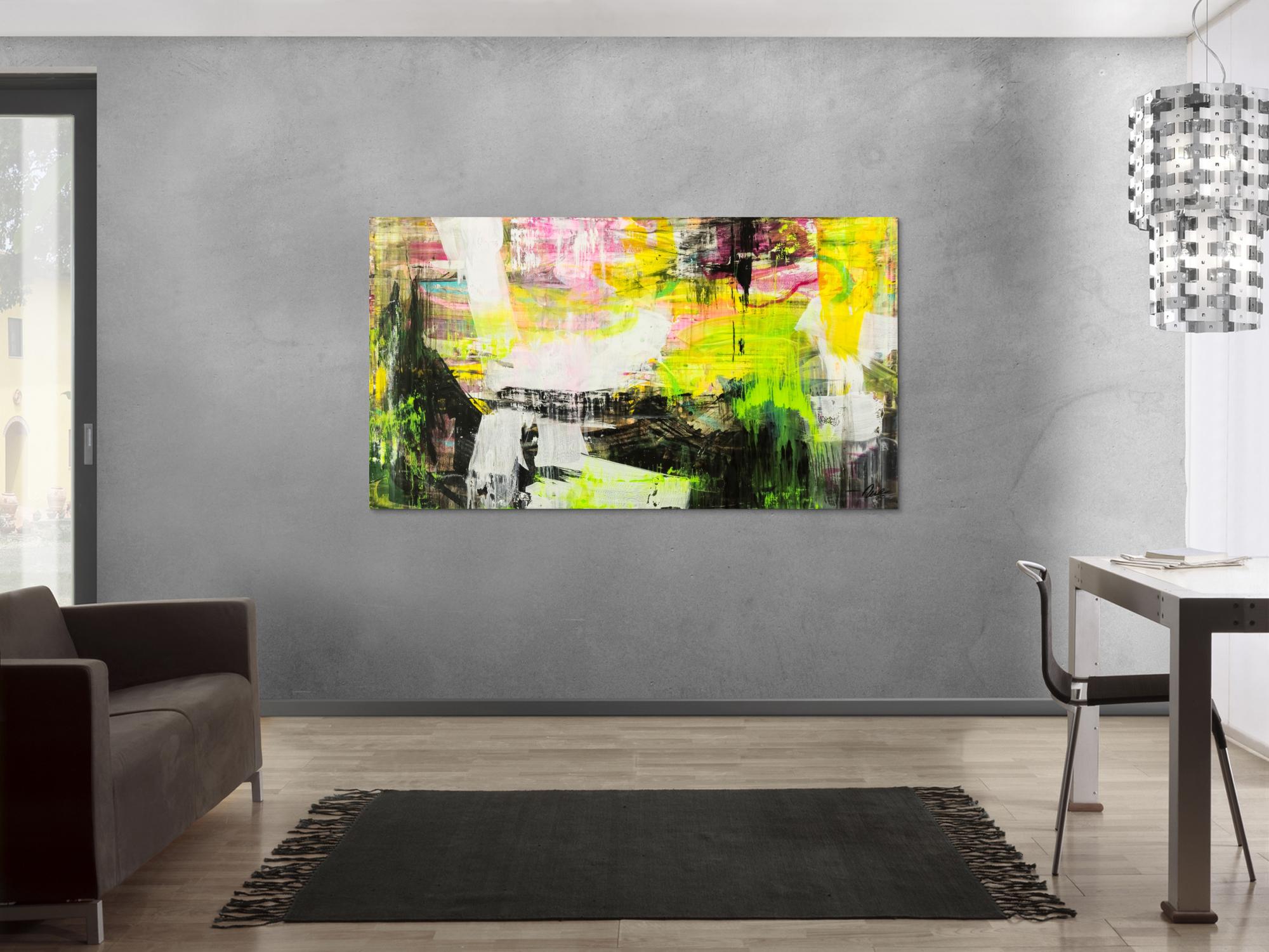 Original Gemälde abstrakt 100x180cm Mischtechnik Modern Art handgefertigt Mischtechnik schwarz gelb weiß NEON