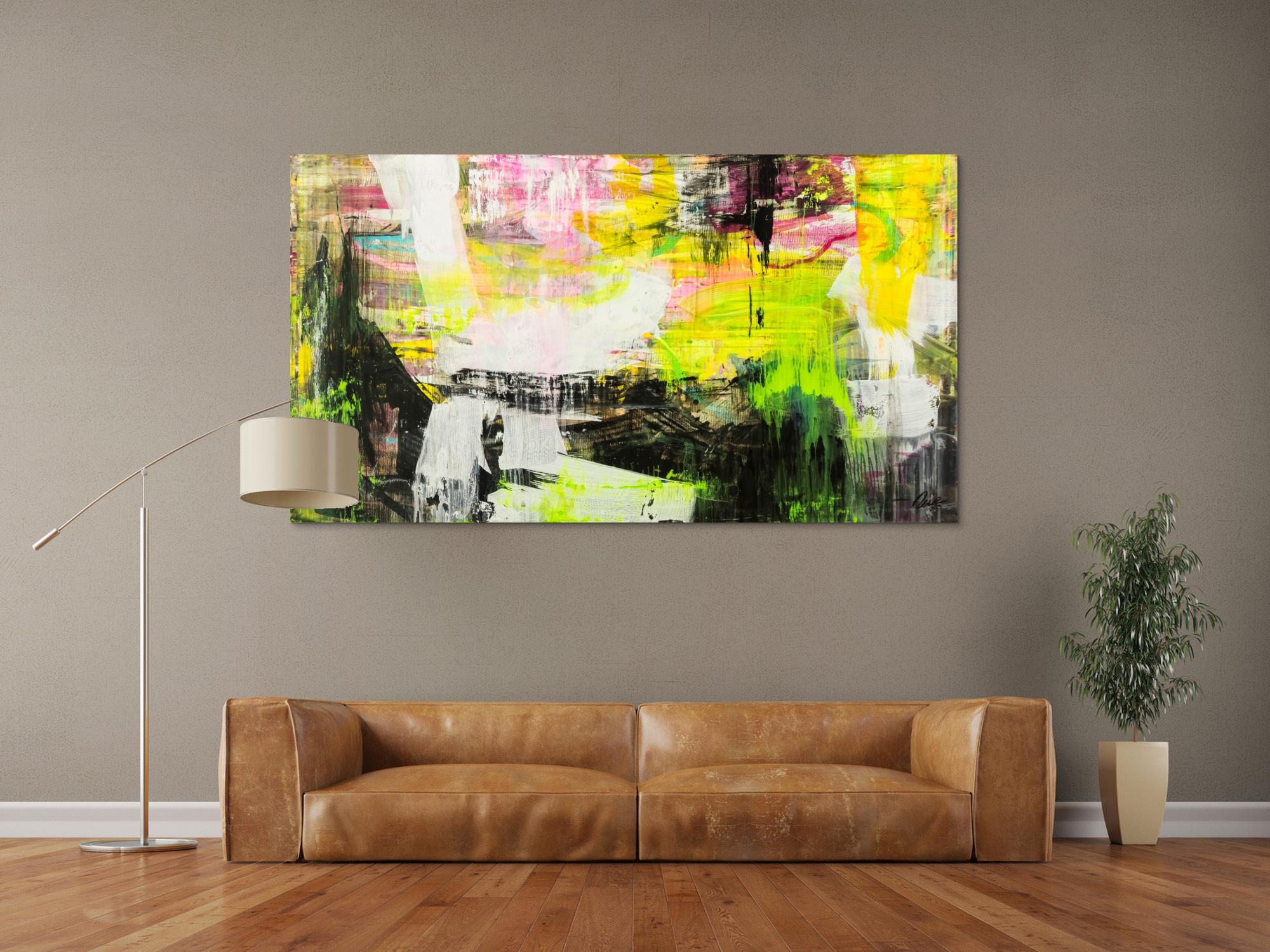 Original Gemälde abstrakt 100x180cm Mischtechnik Modern Art handgefertigt Mischtechnik schwarz gelb weiß NEON