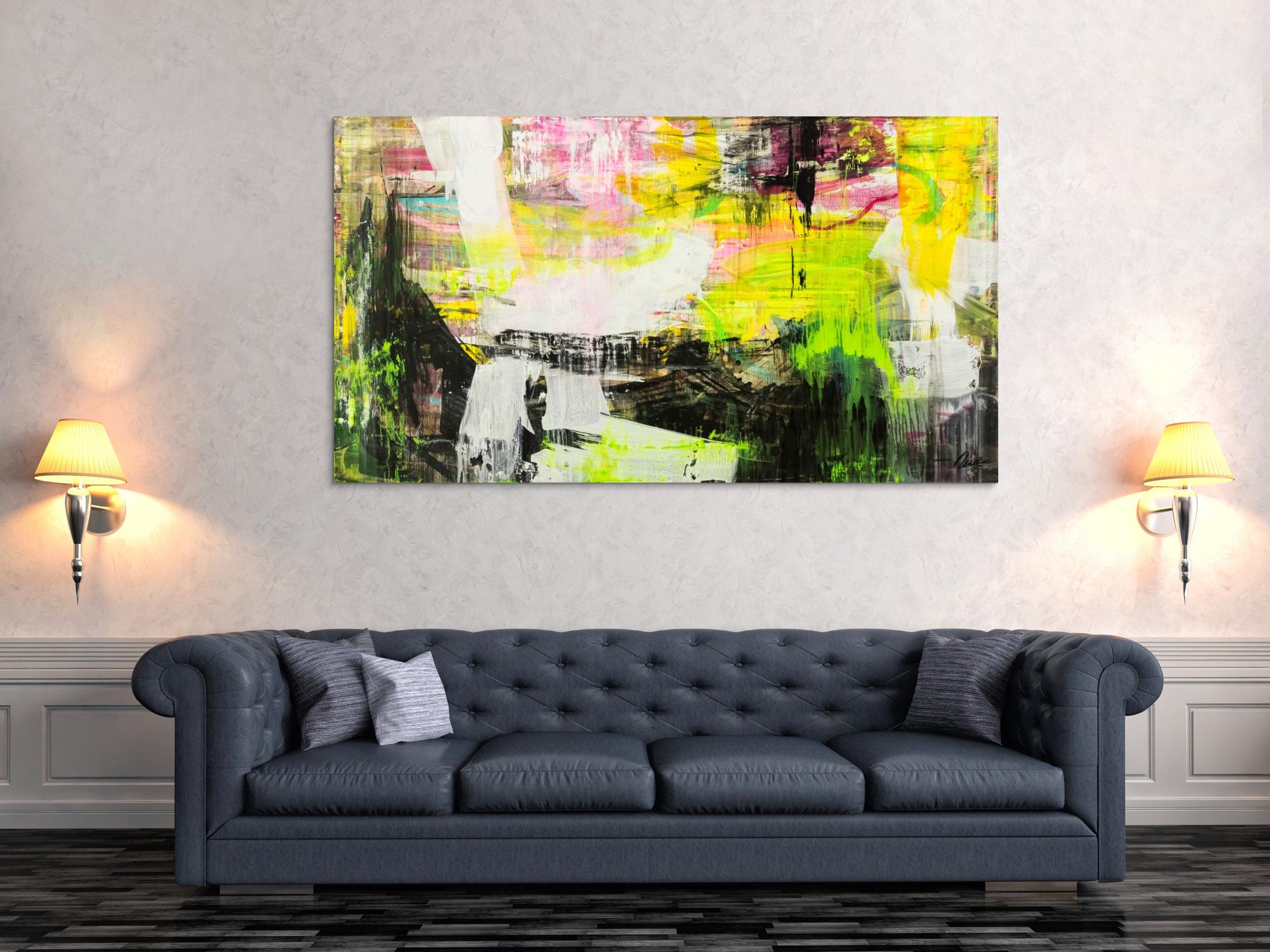 Original Gemälde abstrakt 100x180cm Mischtechnik Modern Art handgefertigt Mischtechnik schwarz gelb weiß NEON