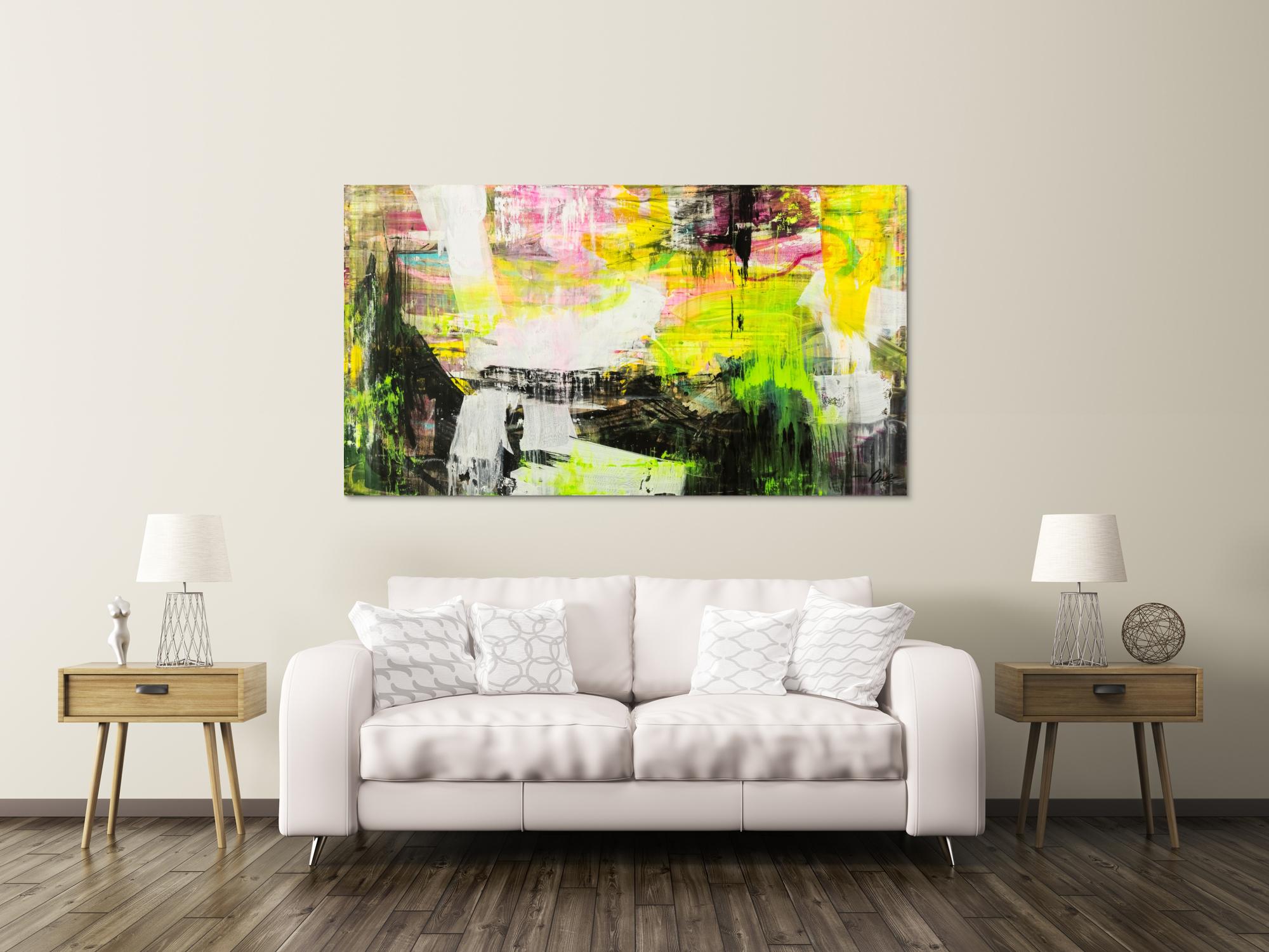 Original Gemälde abstrakt 100x180cm Mischtechnik Modern Art handgefertigt Mischtechnik schwarz gelb weiß NEON