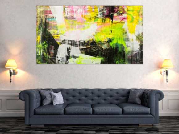 Original Gemälde abstrakt 100x180cm Mischtechnik Modern Art handgefertigt Mischtechnik schwarz gelb weiß NEON