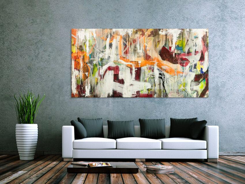 Original Gemälde abstrakt 100x200cm Action Painting expressionistisch handgefertigt Mischtechnik weiß beige orange Unikat