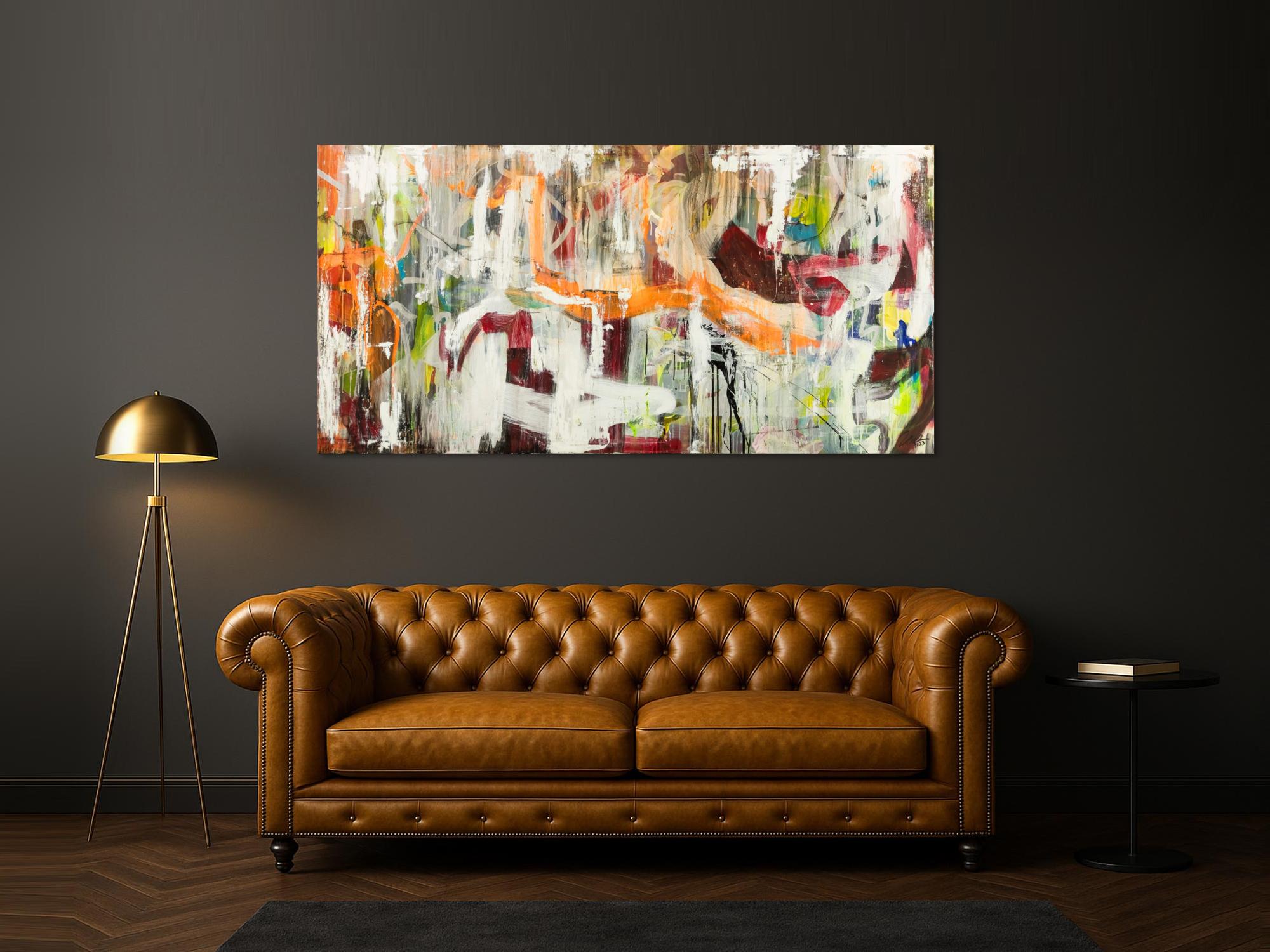Original Gemälde abstrakt 100x200cm Action Painting expressionistisch handgefertigt Mischtechnik weiß beige orange Unikat