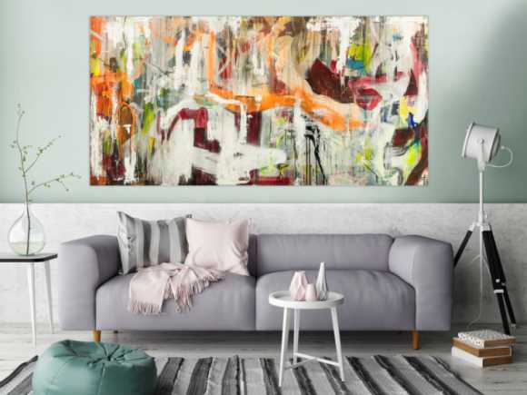 Original Gemälde abstrakt 100x200cm Action Painting expressionistisch handgefertigt Mischtechnik weiß beige orange Unikat