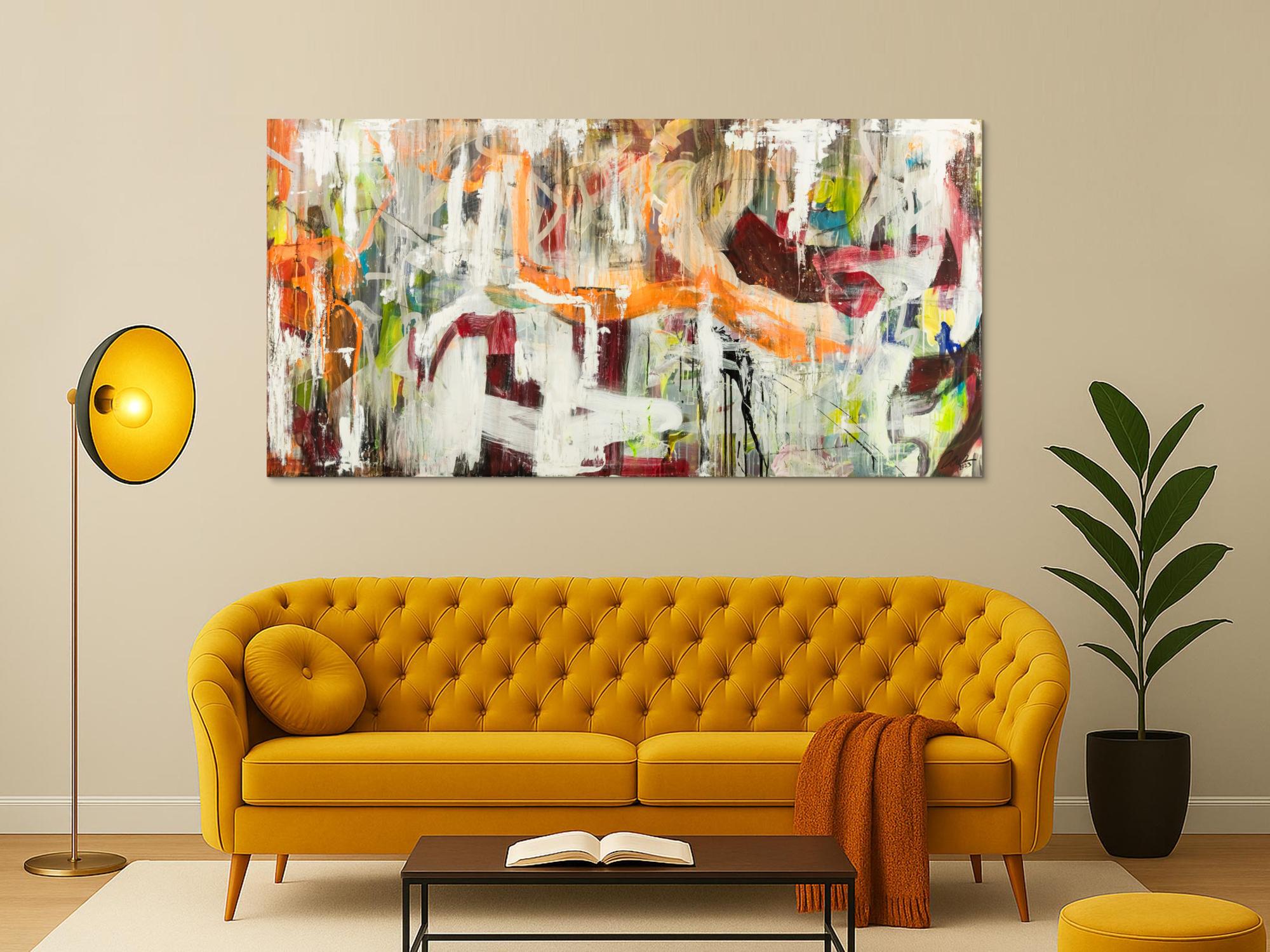 Original Gemälde abstrakt 100x200cm Action Painting expressionistisch handgefertigt Mischtechnik weiß beige orange Unikat